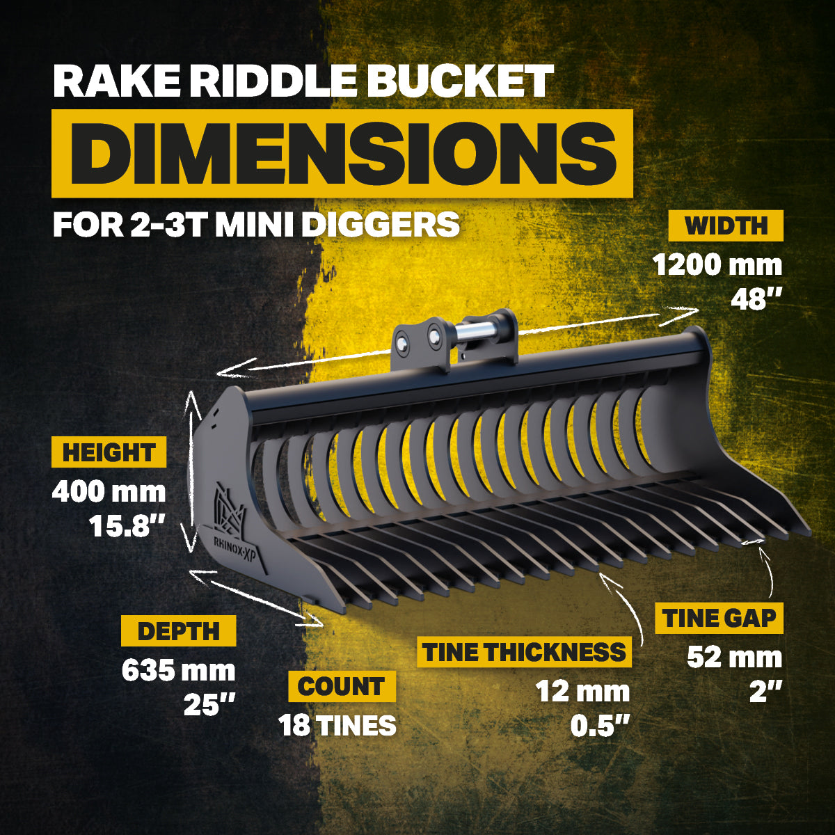 JCB 8029 Rake Riddle Bucket - 48" / 1200mm Infographic 3