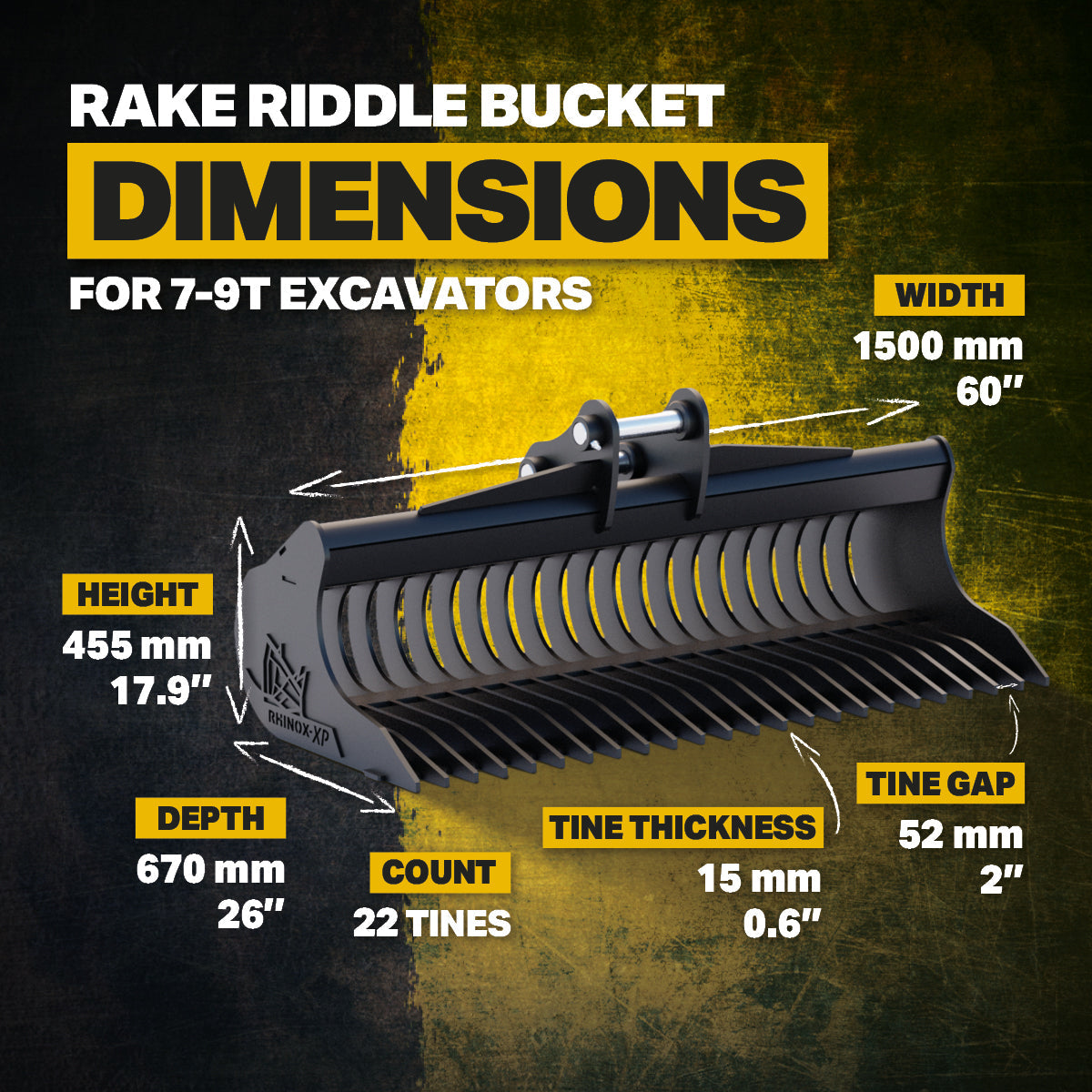 XCMG XE80E 60" Rake Riddle Bucket - 60" / 1500mm Infographic 3